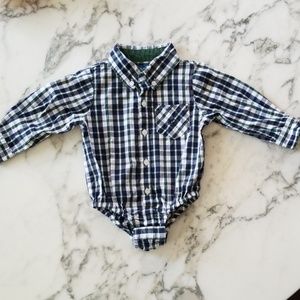 Blue/White Button Down Shirt onsie, Size 6-12 Mo